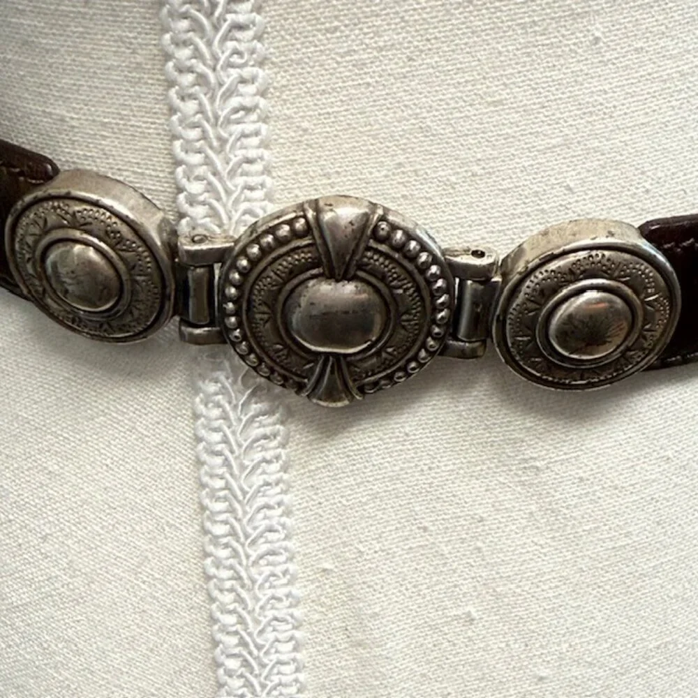Fossil Skinny Belt Brown Leather‎ Womens S Ornate Silver Metal Buckle and Keeper